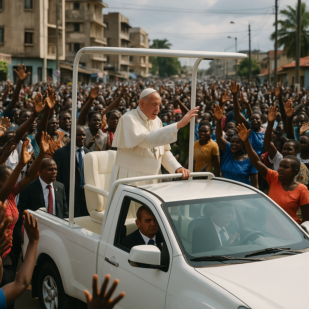 Pope Leo XIV in his open-sided popemobile, surrounded by crowds in Cameroon