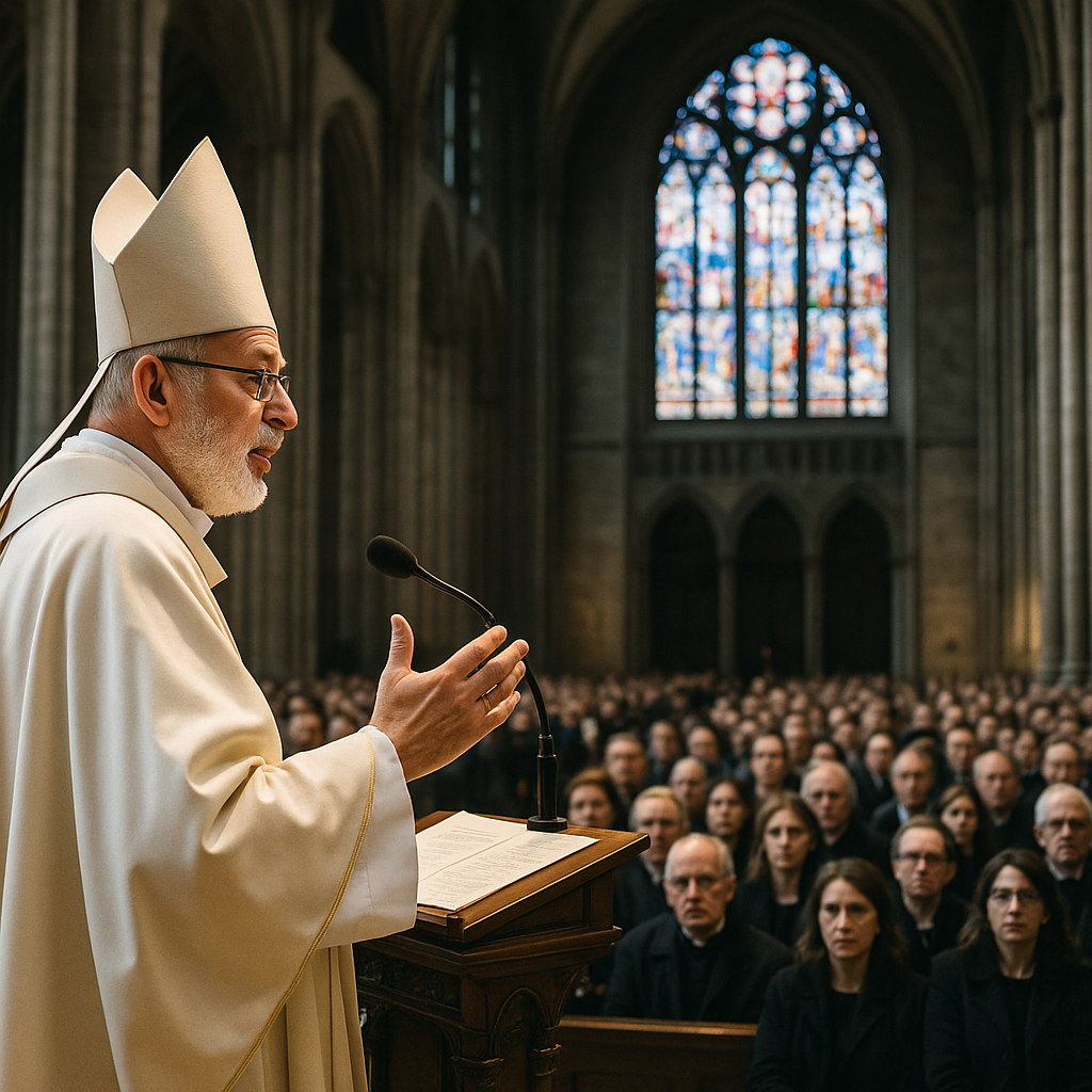 A silhouette of a religious figure addressing a large audience in a grand cathedral