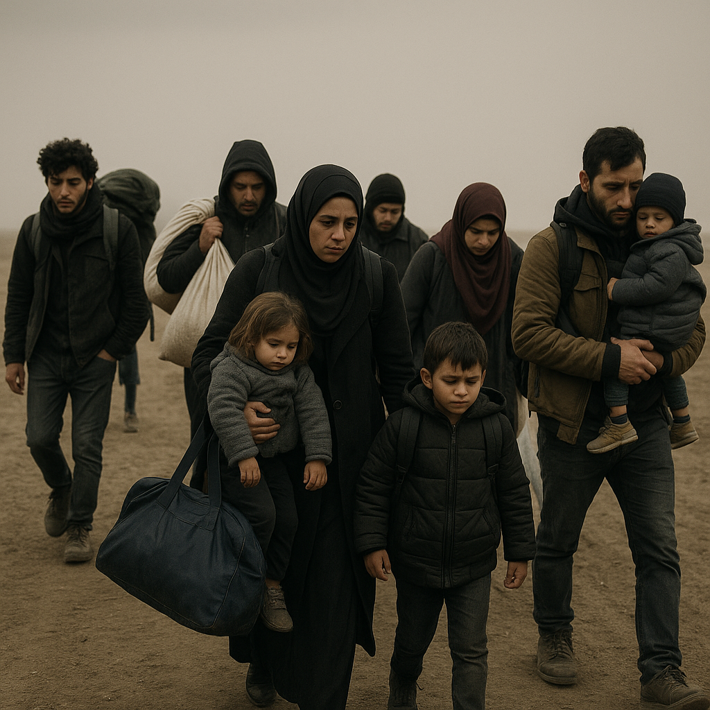 Refugees crossing a border with belongings in hand