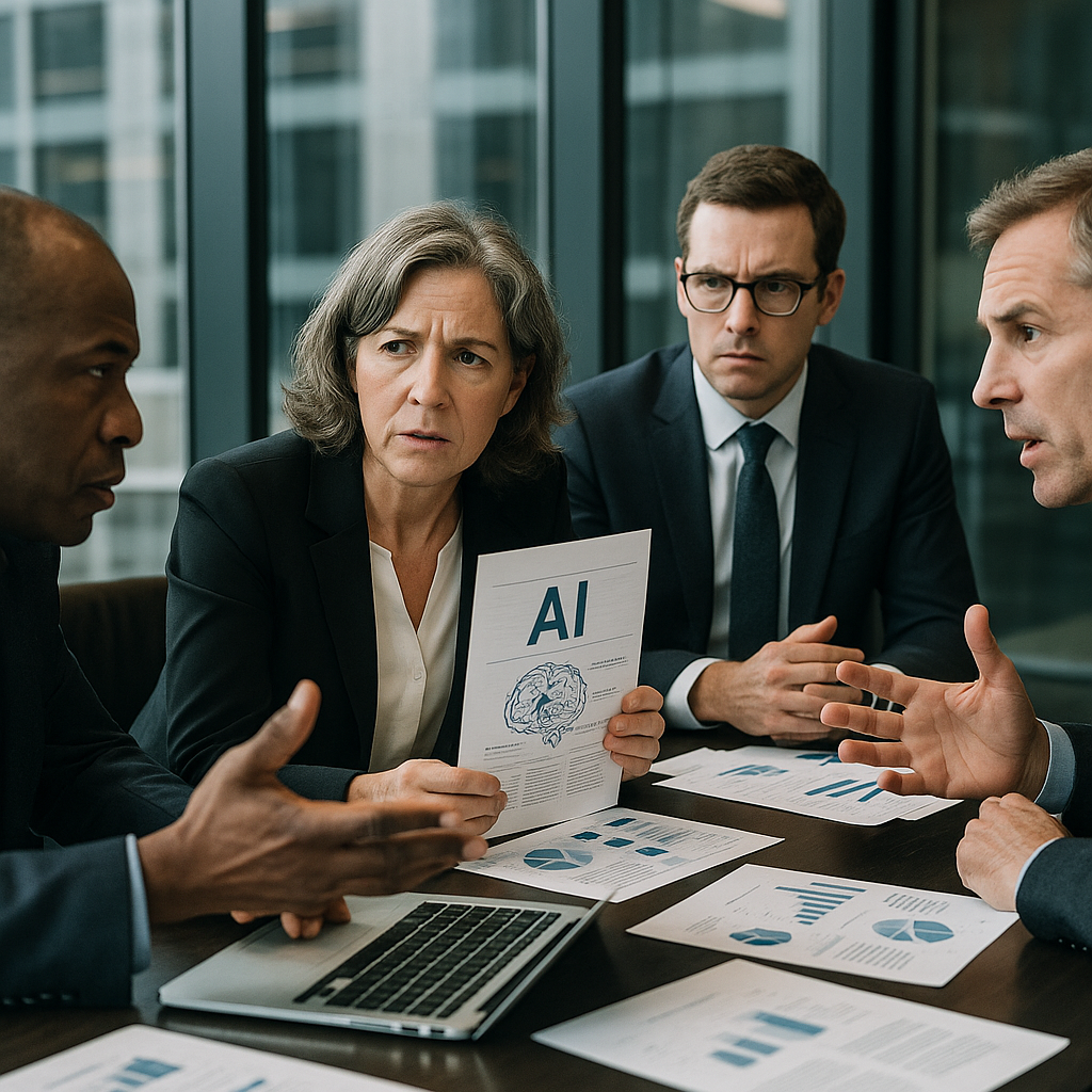 A boardroom featuring executives debating intensely