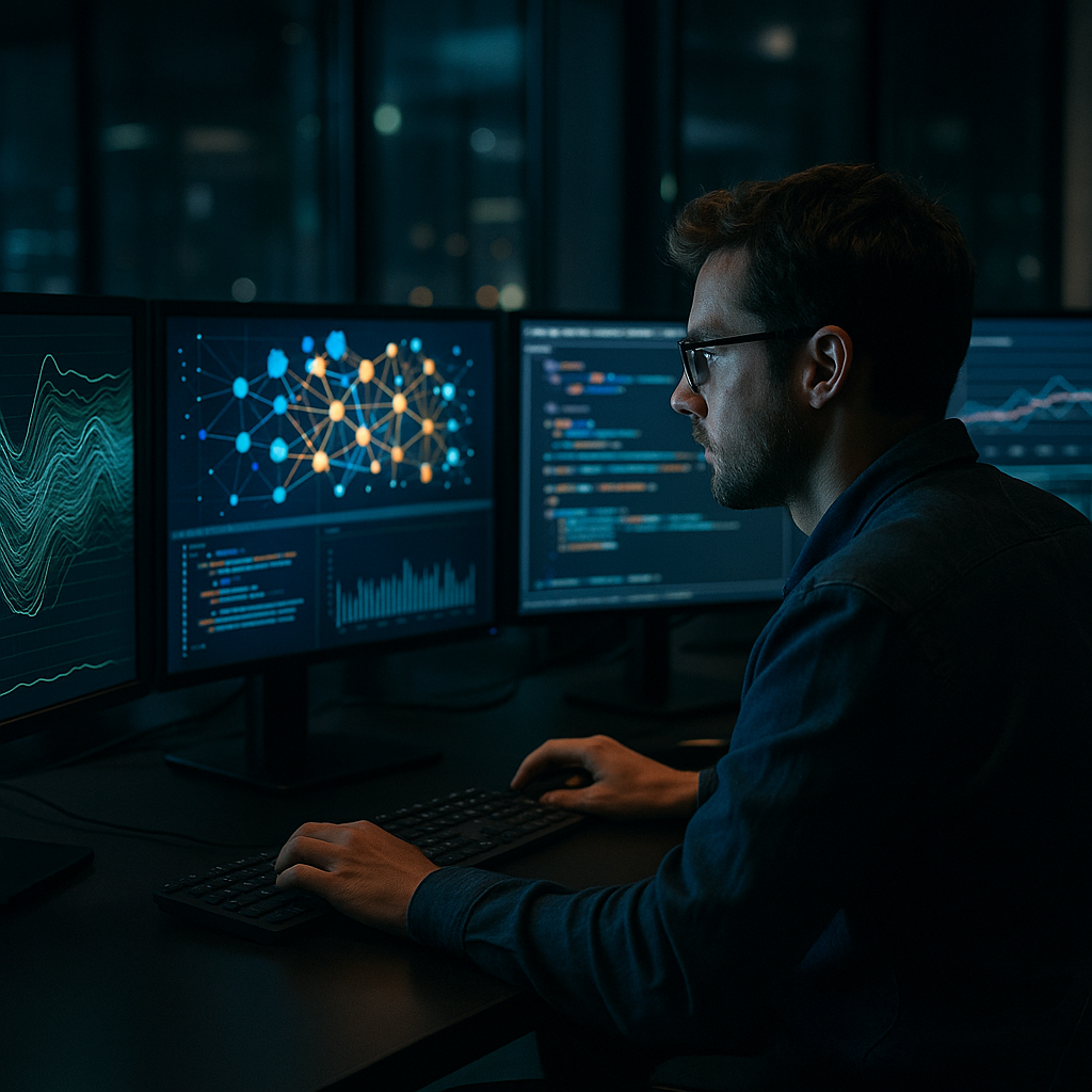 A developer working late night on AI training platforms