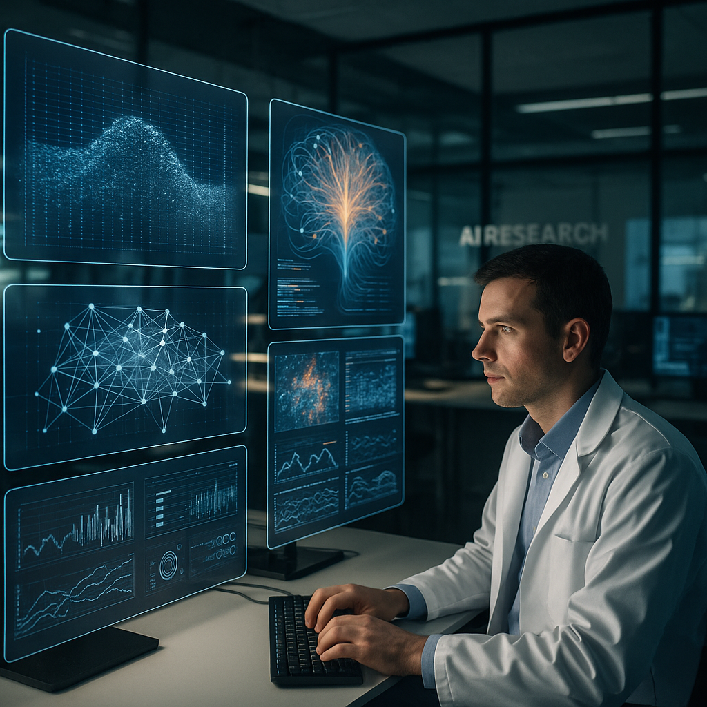 A futuristic AI lab with holographic displays of algorithms and data patterns