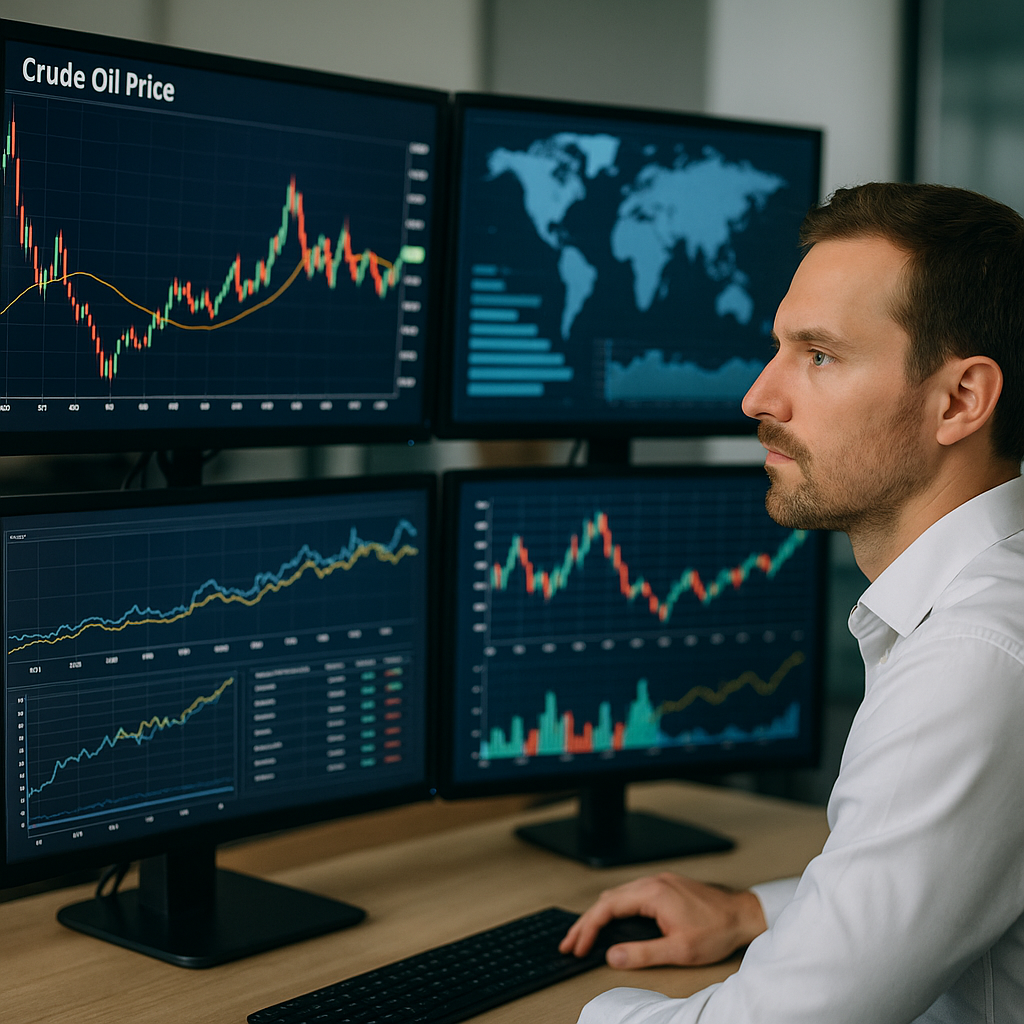 A trader analyzing global oil price trends displayed on multiple monitors
