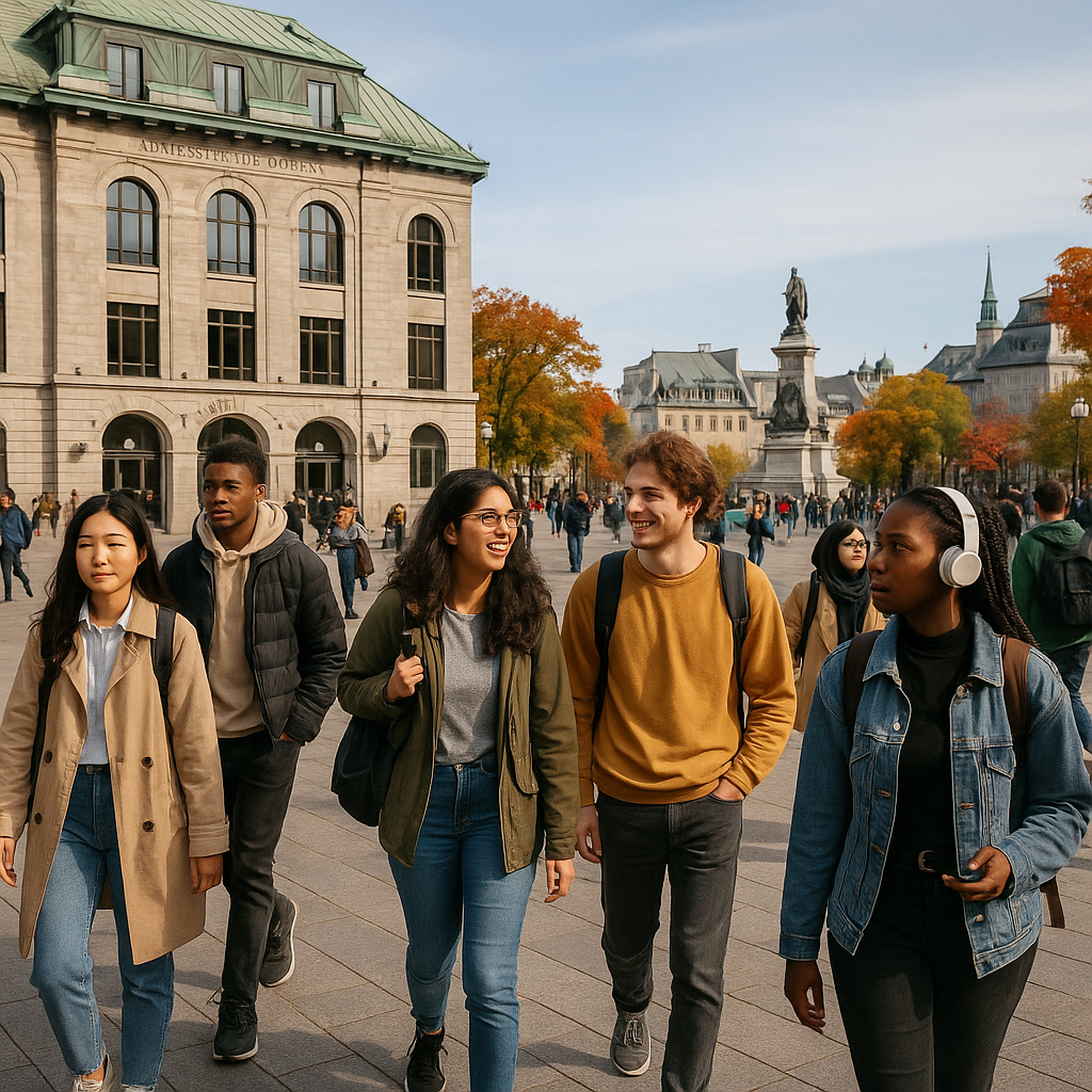 A public square in Quebec with students gathering and a university building in the background