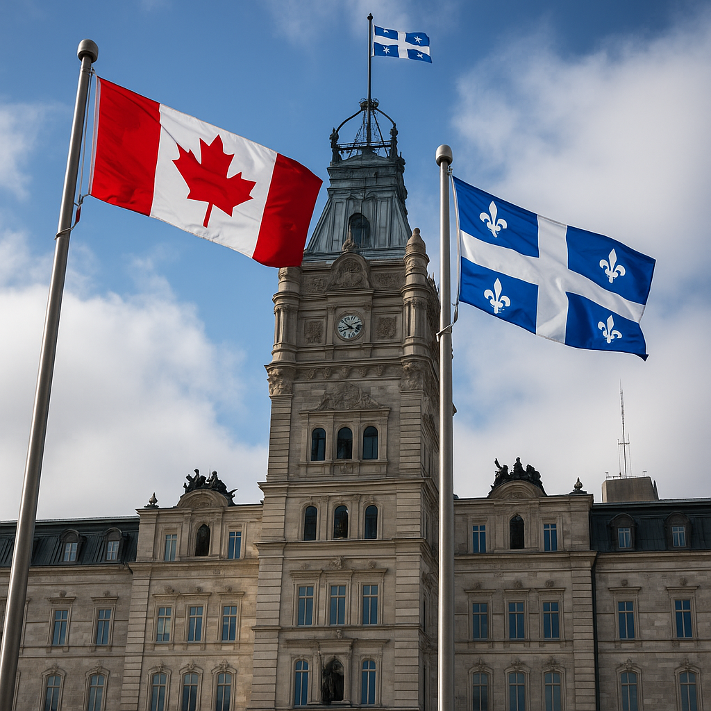 Quebec legislative building with Canadian and Quebec flags flying in the foreground