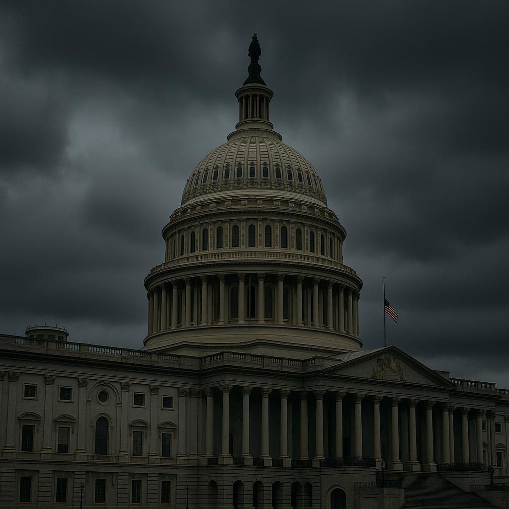 A close-up of the U.S. Capitol building with an overcast sky
