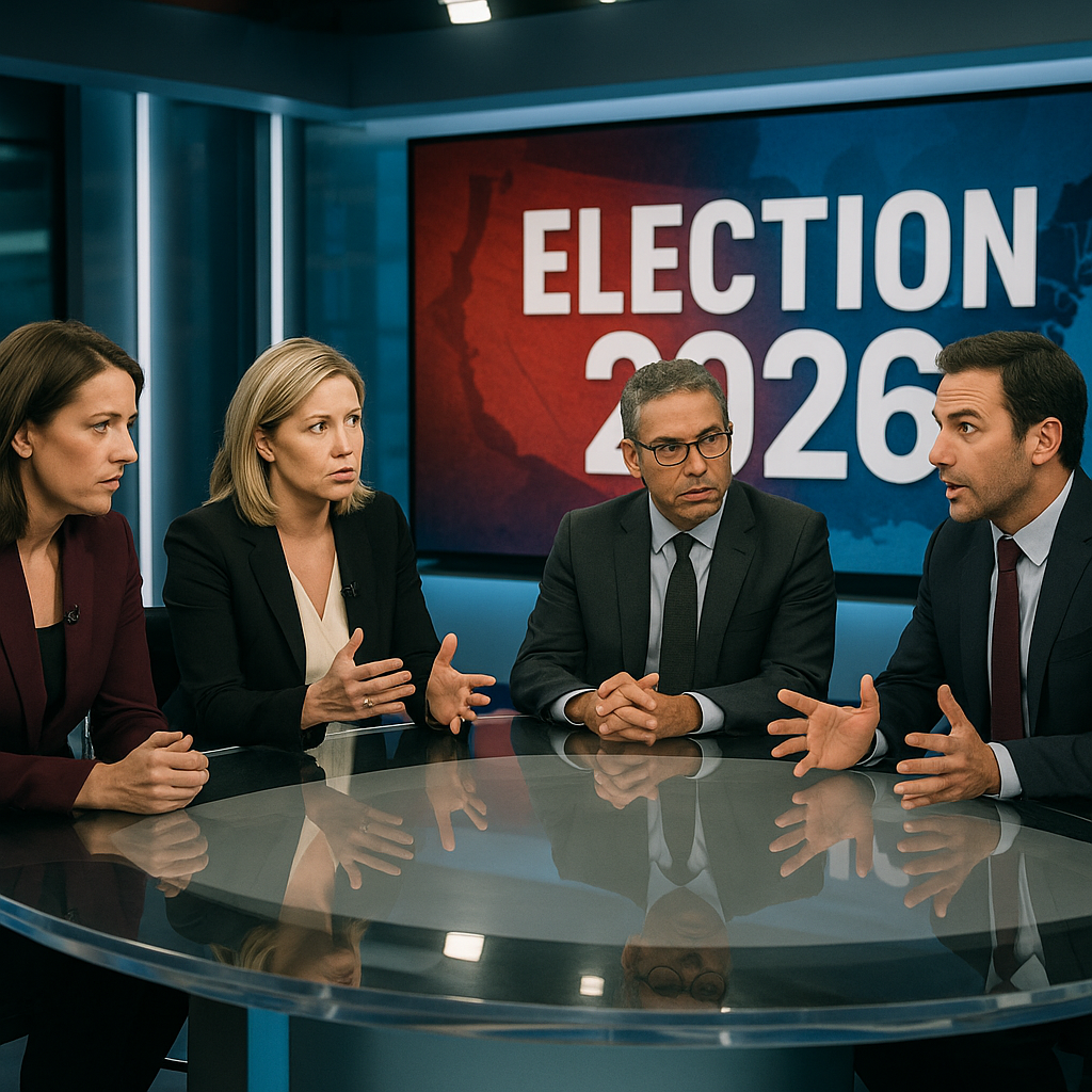 Political analysts discussing election strategy on a TV news set