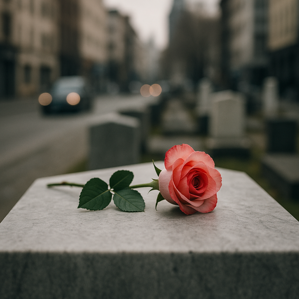 A solitary flower left on a memorial stone with a blurred urban background