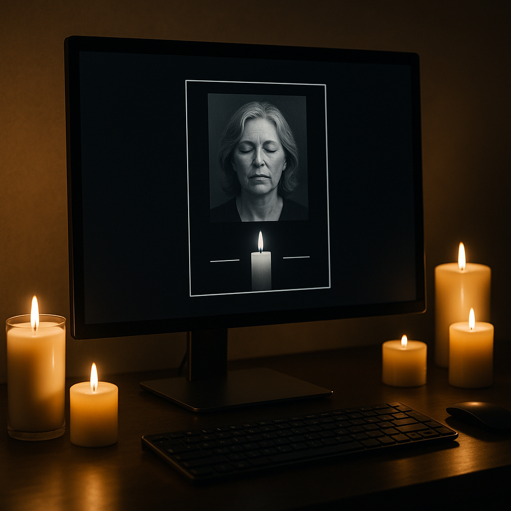 A digital memorial space on a computer monitor, with candles flickering nearby