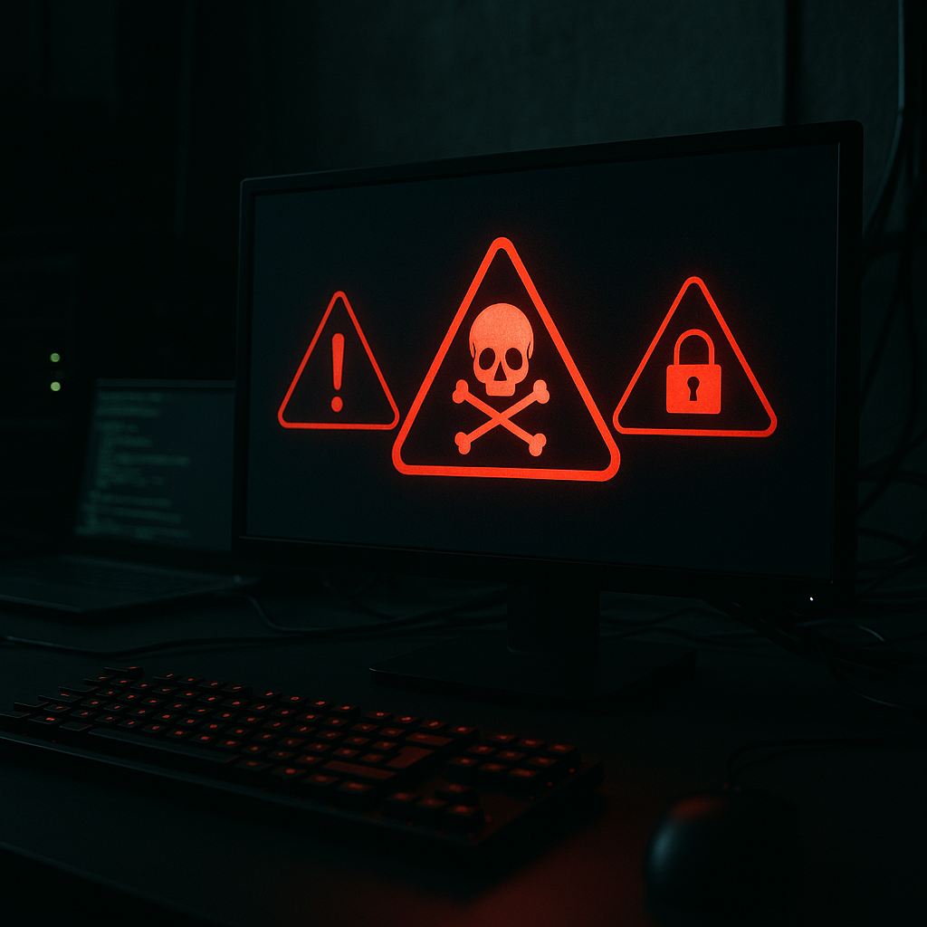 A computer screen displaying cybercrime activity, with red warning icons