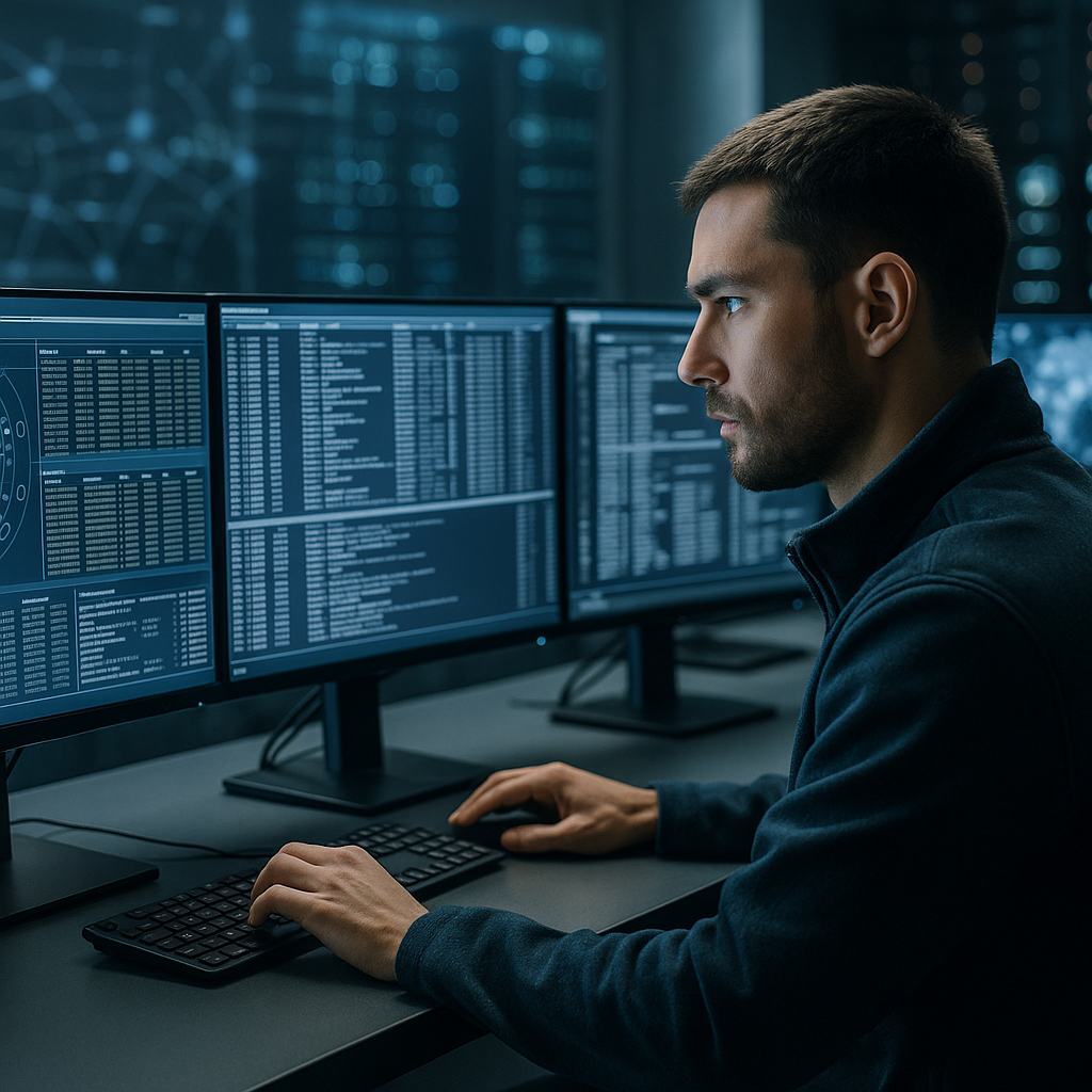 A network security worker analyzing firewall logs on multiple screens in a cybersecurity operations center