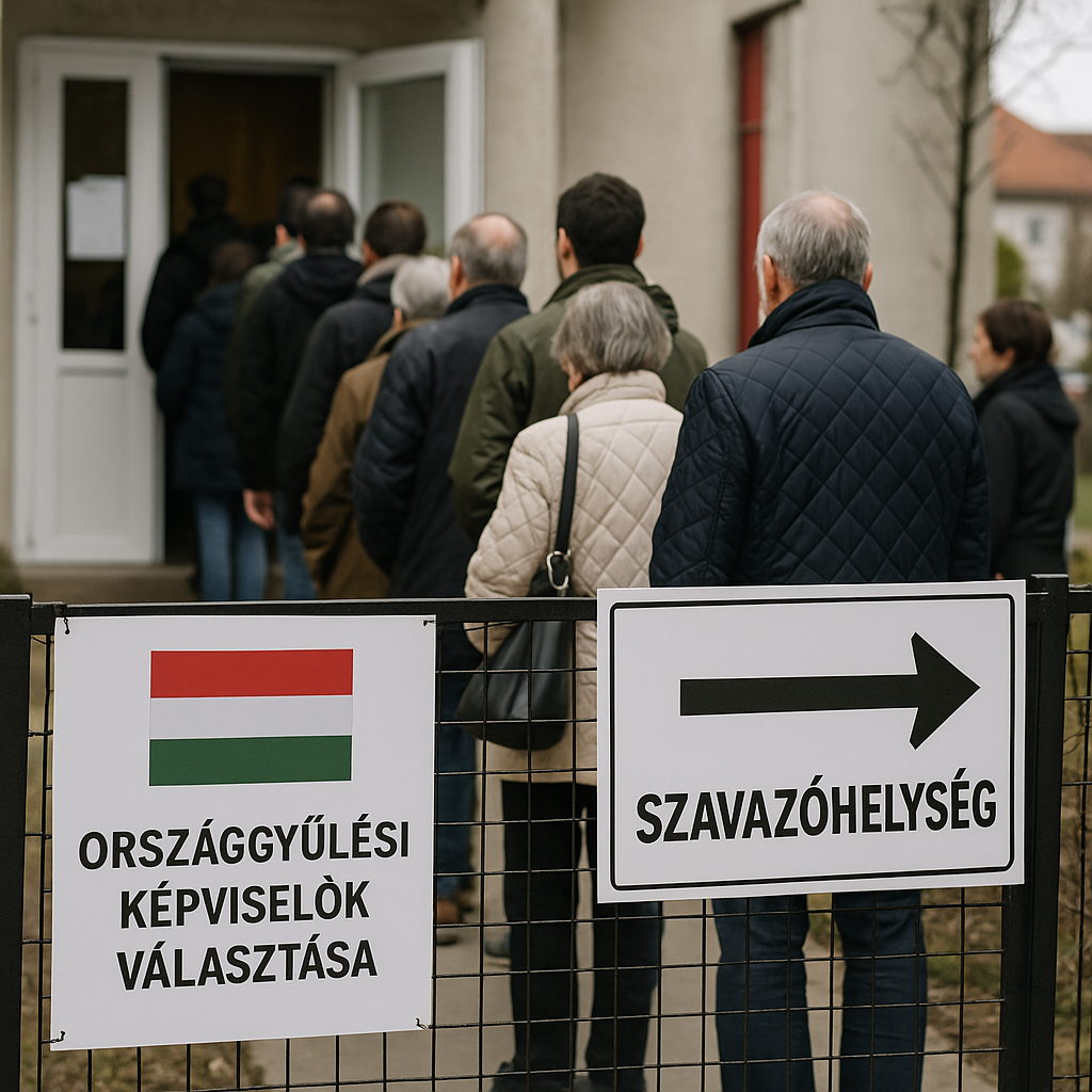 A Budapest polling station with voters lined up during the parliamentary election