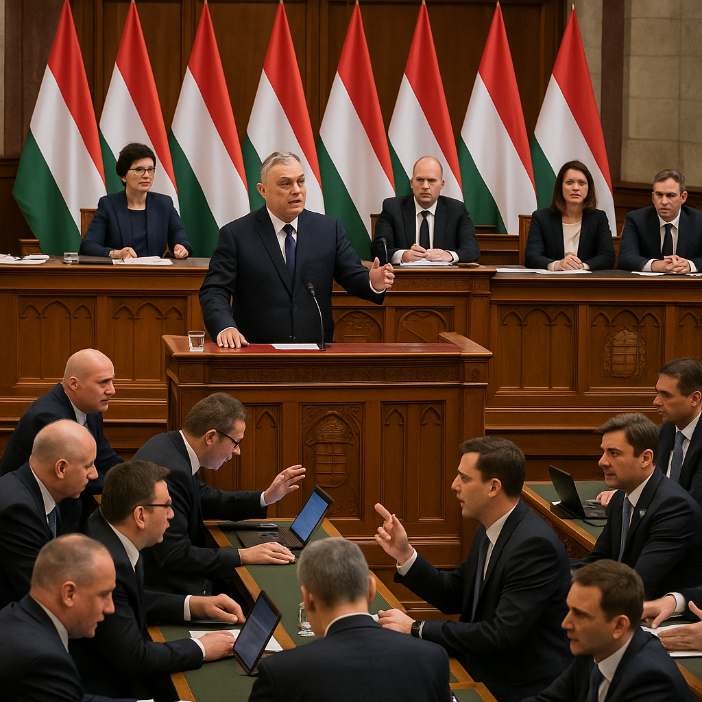 A government assembly hall with Hungarian flags and political leaders debating