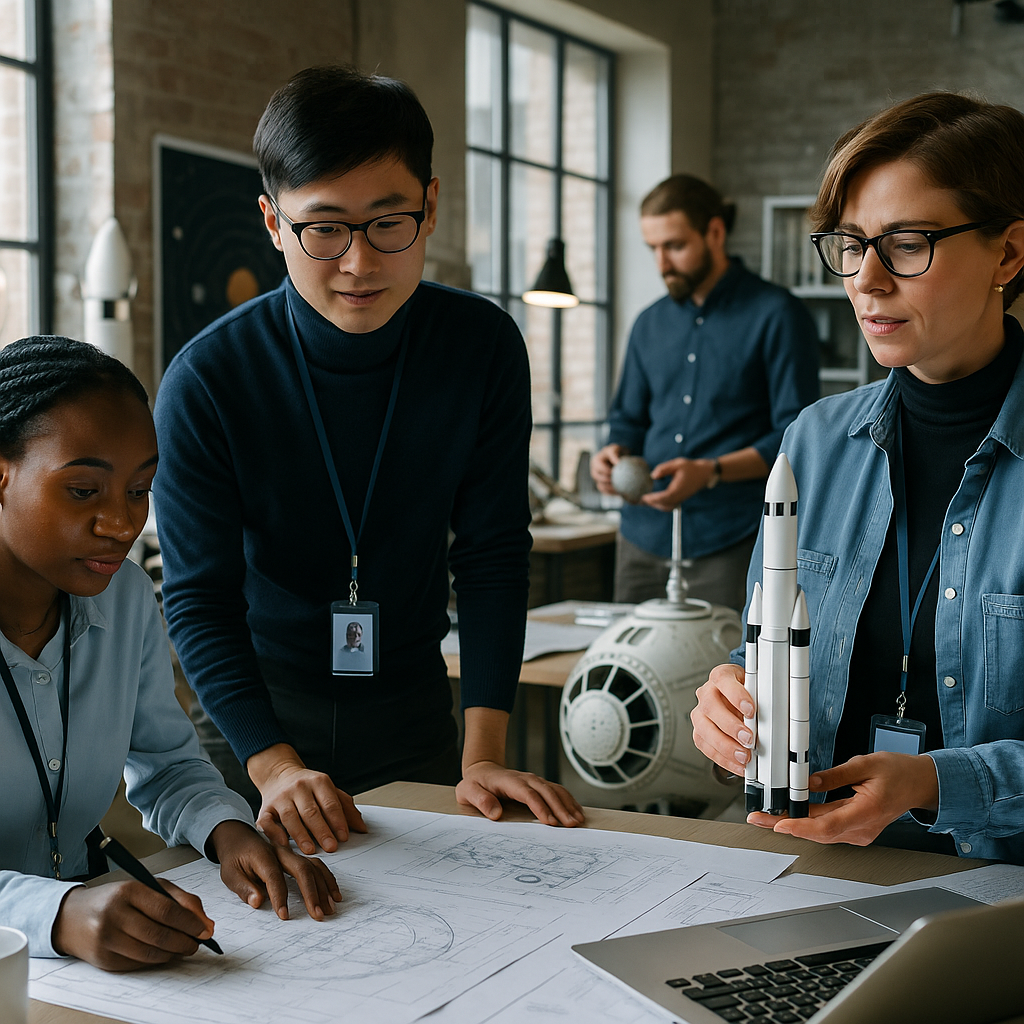 A group of artists and engineers collaborating on space-related projects