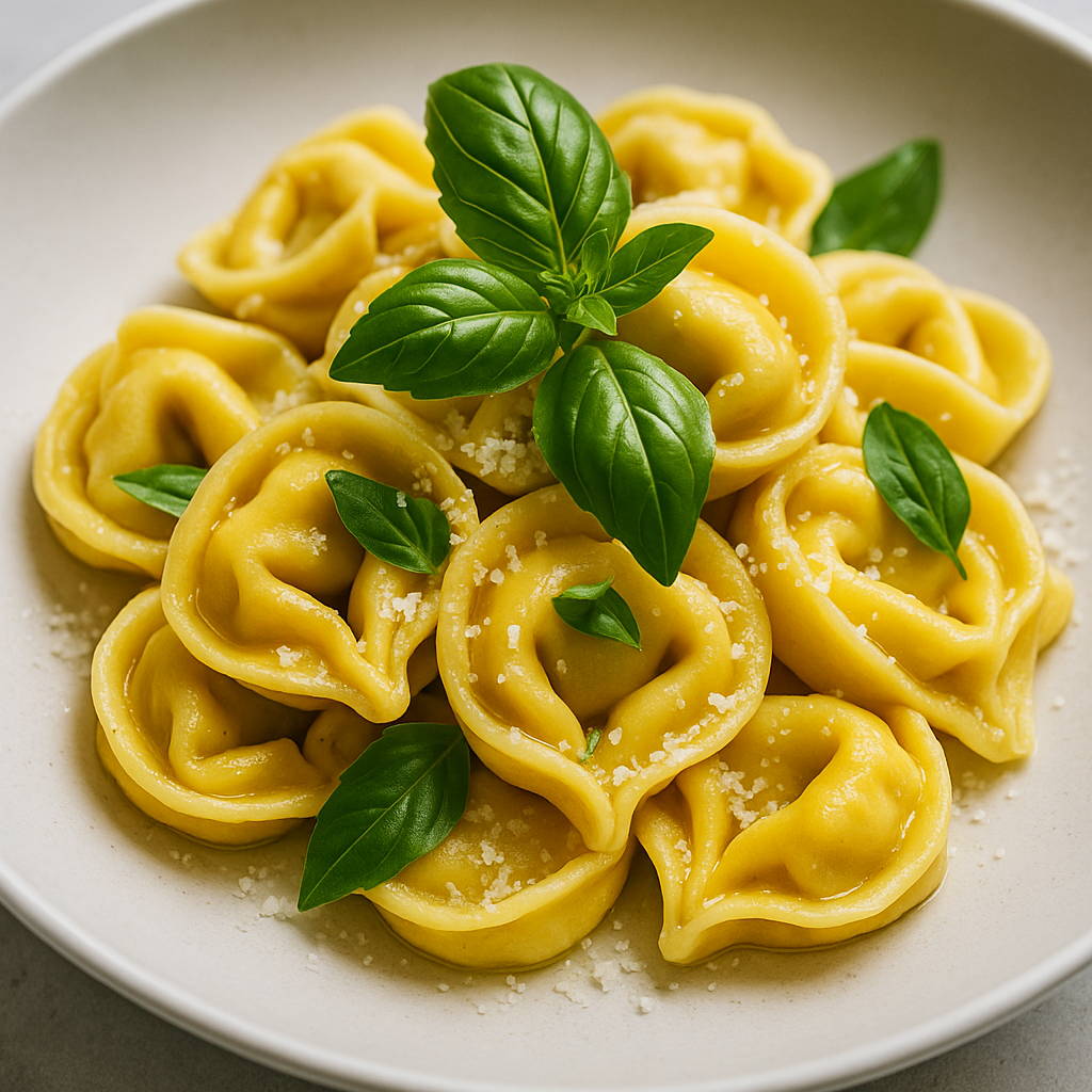 A close-up of freshly made tortellini garnished with basil and Parmesan cheese