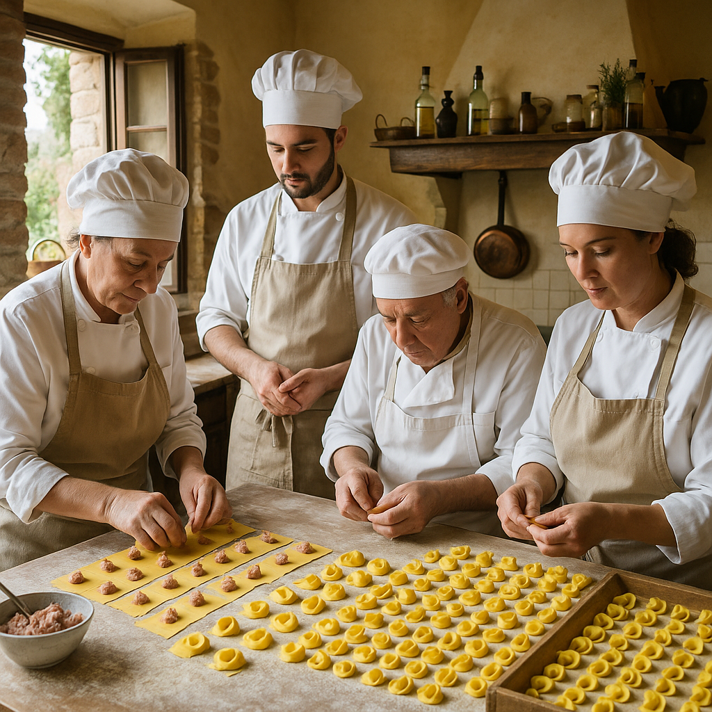 An Italian countryside kitchen with chefs making tortellini by hand