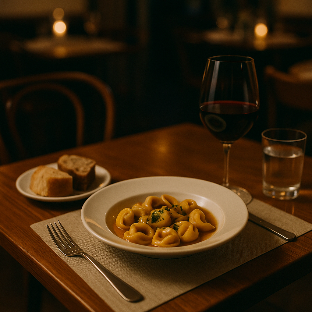 A restaurant table setting with a plate of tortellini, fresh bread, and a glass of wine