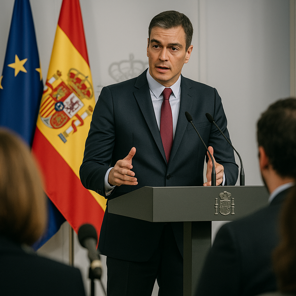 A press conference setting featuring Pedro Sánchez speaking at a podium