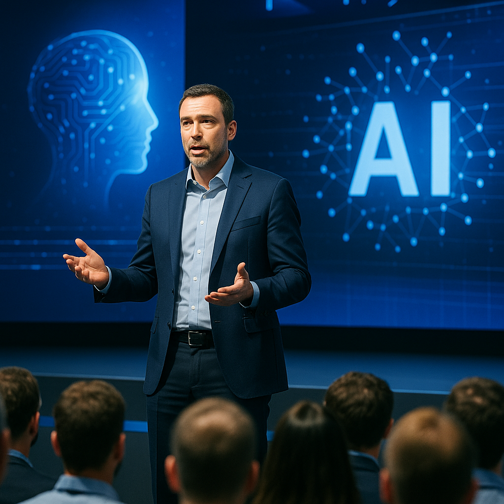 Sam Altman speaking at a technology summit or conference
