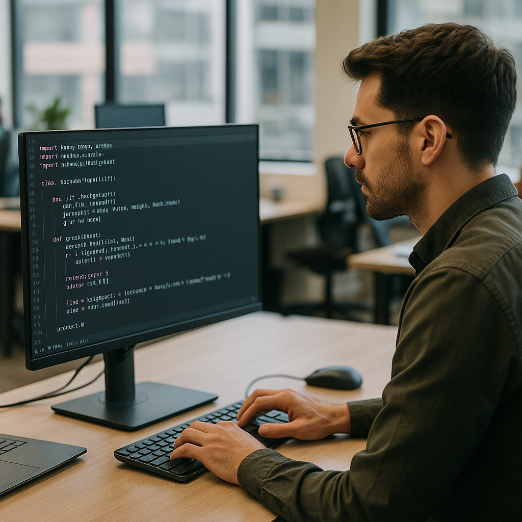 A developer in front of a computer displaying machine learning algorithms