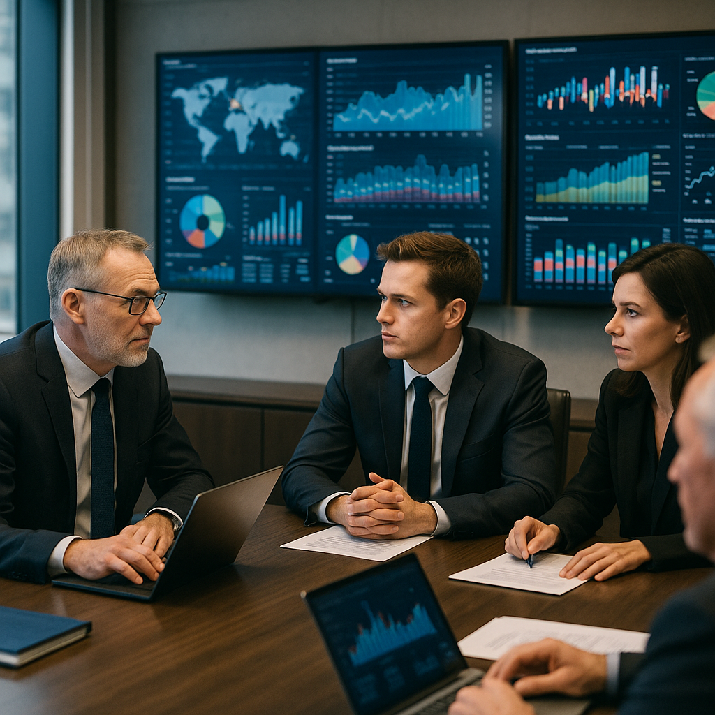 A conference room with executives discussing data charts on screens