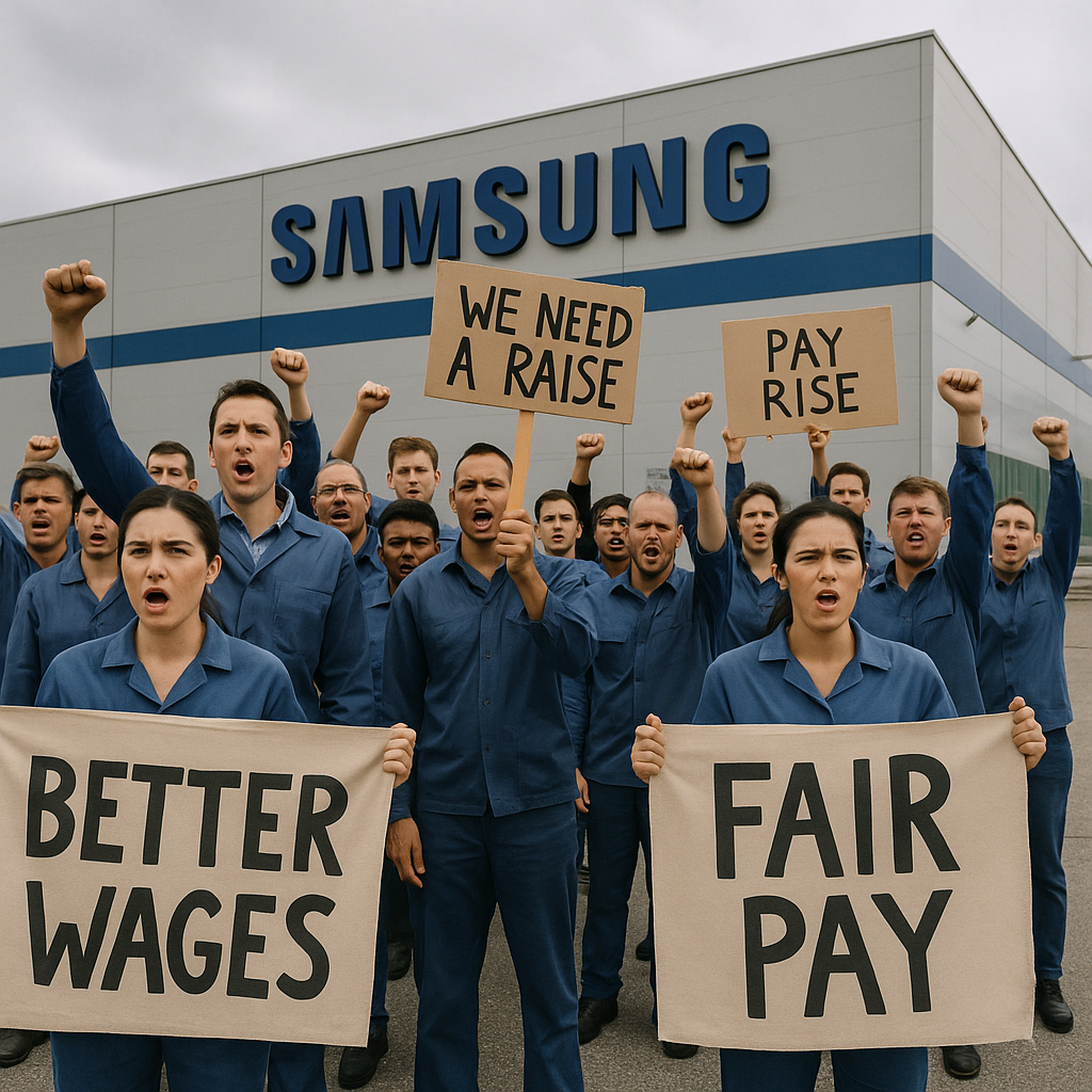 A massive rally of workers with protest signs outside Samsung's South Korea factory complex