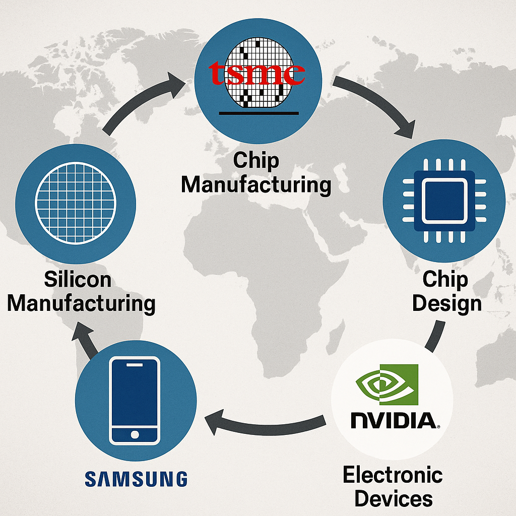 A chip supply chain diagram showing major global players reliant on Samsung's products
