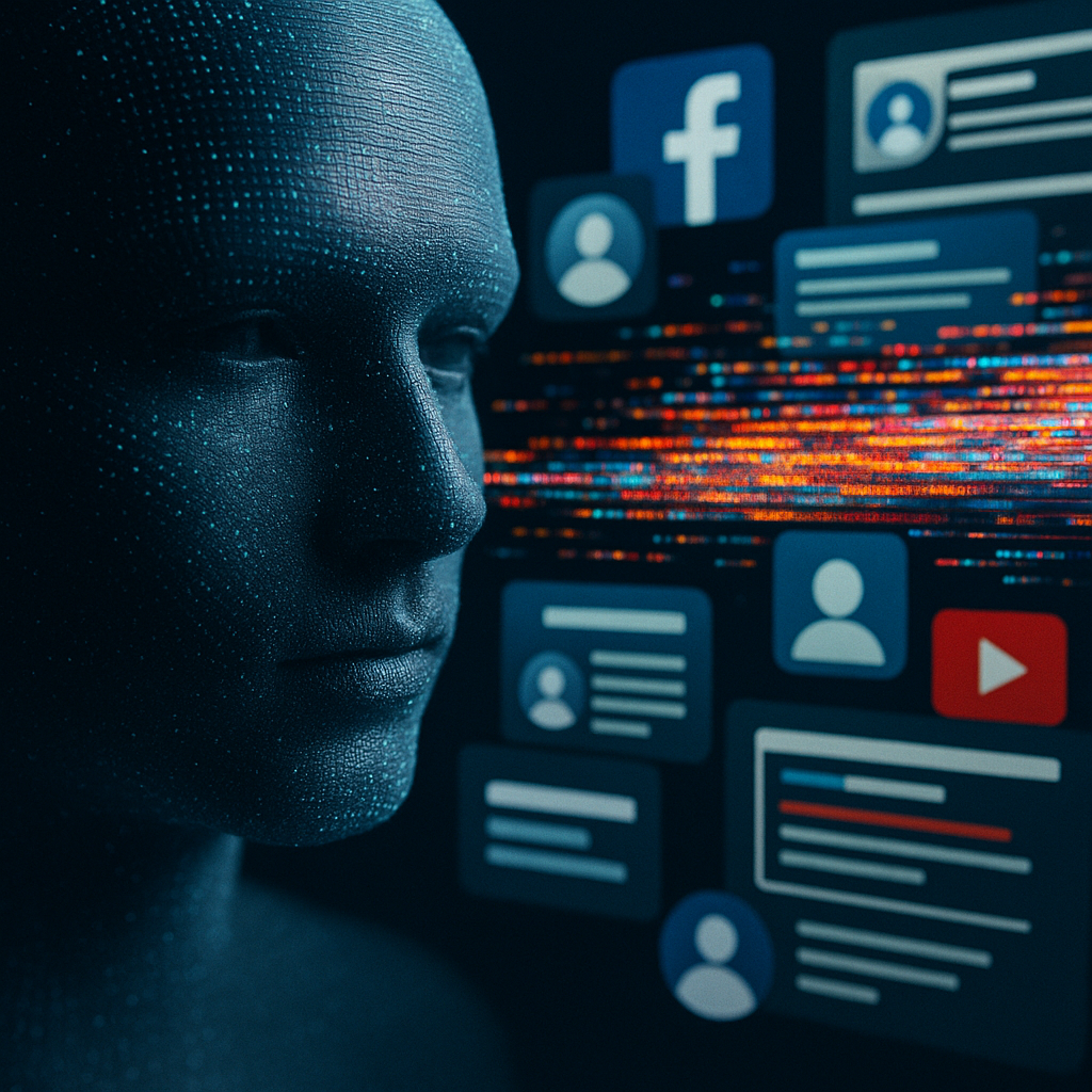 A conceptual image of disinformation symbolized by algorithms and fake profiles diffusing across social media