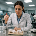 Female scientist in a lab coat using a pipette over a glass enclosure with three white mice on bedding in a laboratory setting. Common informative image.