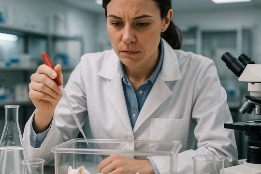 Female scientist in a lab coat using a pipette over a glass enclosure with three white mice on bedding in a laboratory setting. Common informative image.