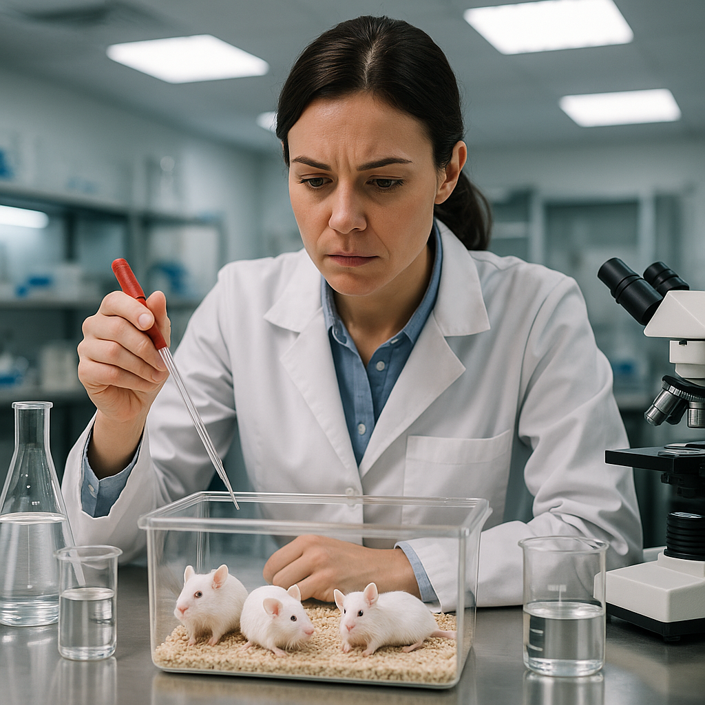 A lab scientist in a white coat working near laboratory mice