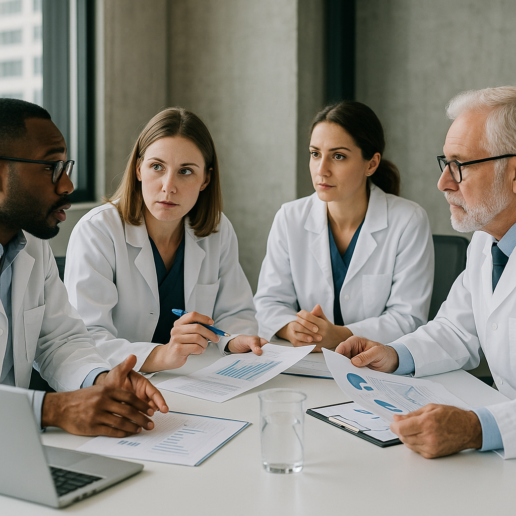 Scientists engaged in a clinical trial meeting around a conference table