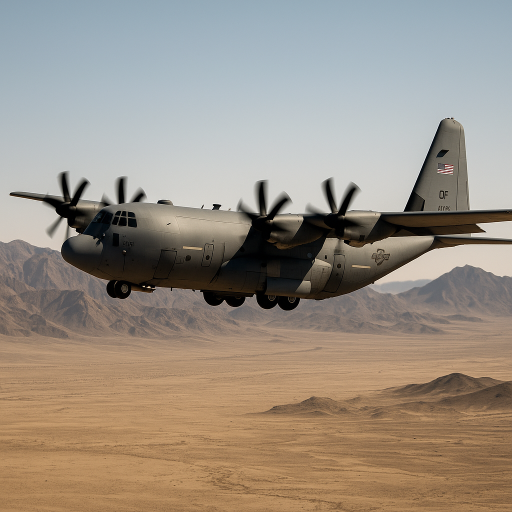 A military aircraft in flight over desert terrain