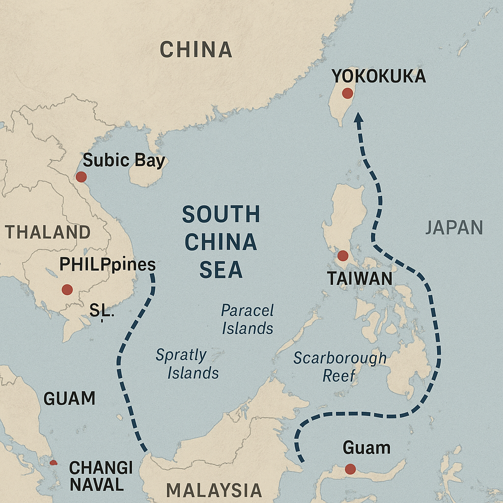 Map showing key strategic points in the Persian Gulf, labeled with U.S. and regional military presences
