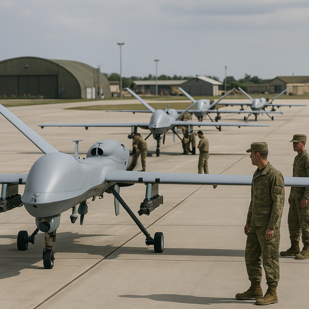 A fleet of unmanned aerial drones on a runway with military personnel