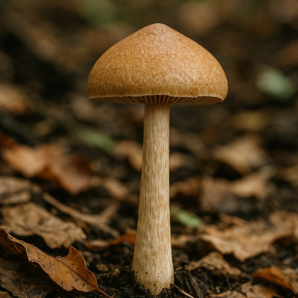 A close-up of a psilocybin mushroom growing in nature