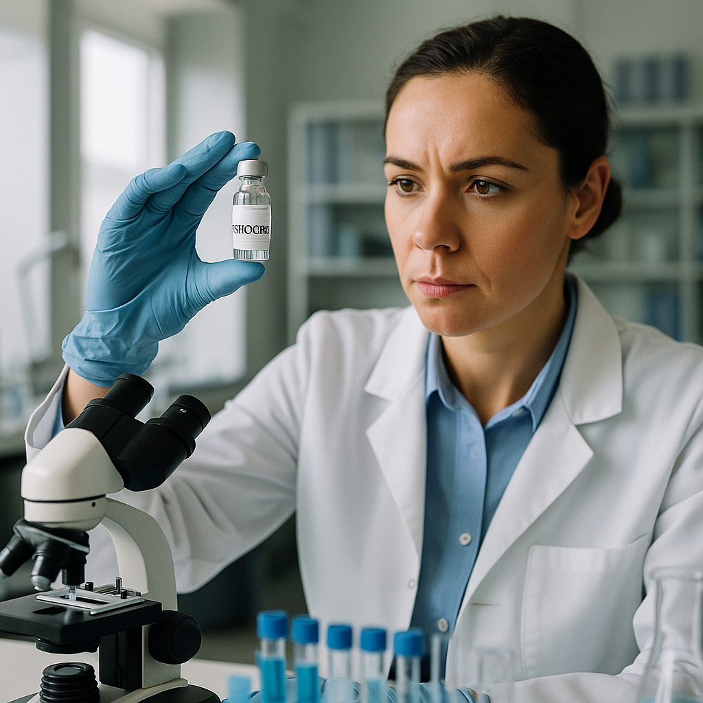 A clinical setting with a researcher holding a psilocybin vial