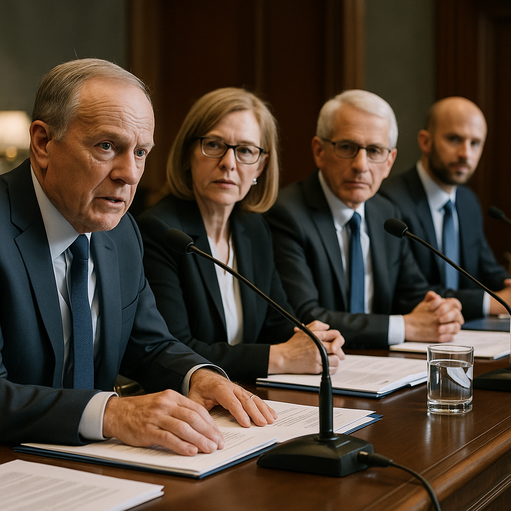 A government hearing on medical research funding with officials seated at desks