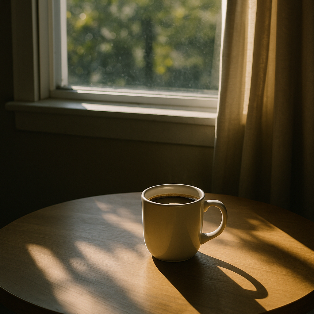 A person holding a cup of coffee while gazing out a window