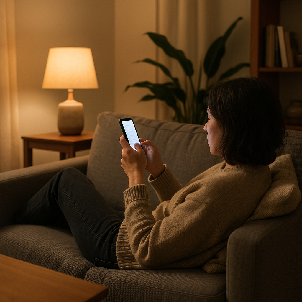 A person scrolling on a smartphone in a warmly lit room