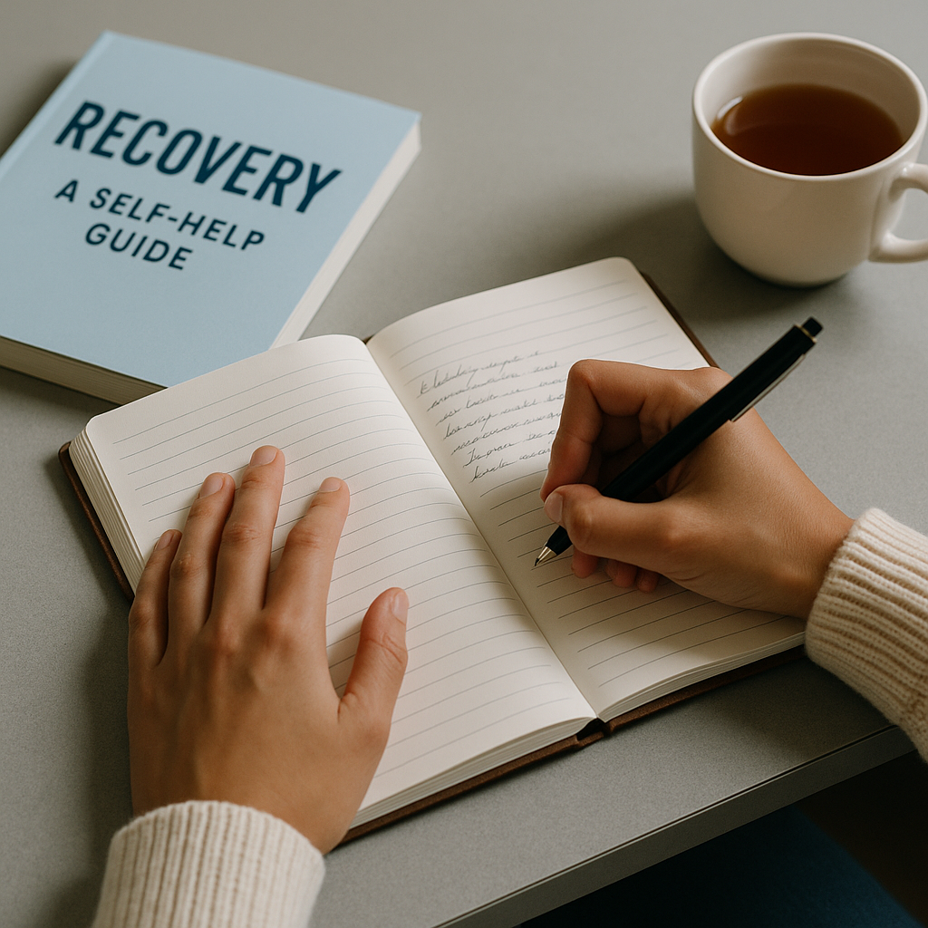 Someone writing in a journal at their desk, with a recovery self-help book nearby