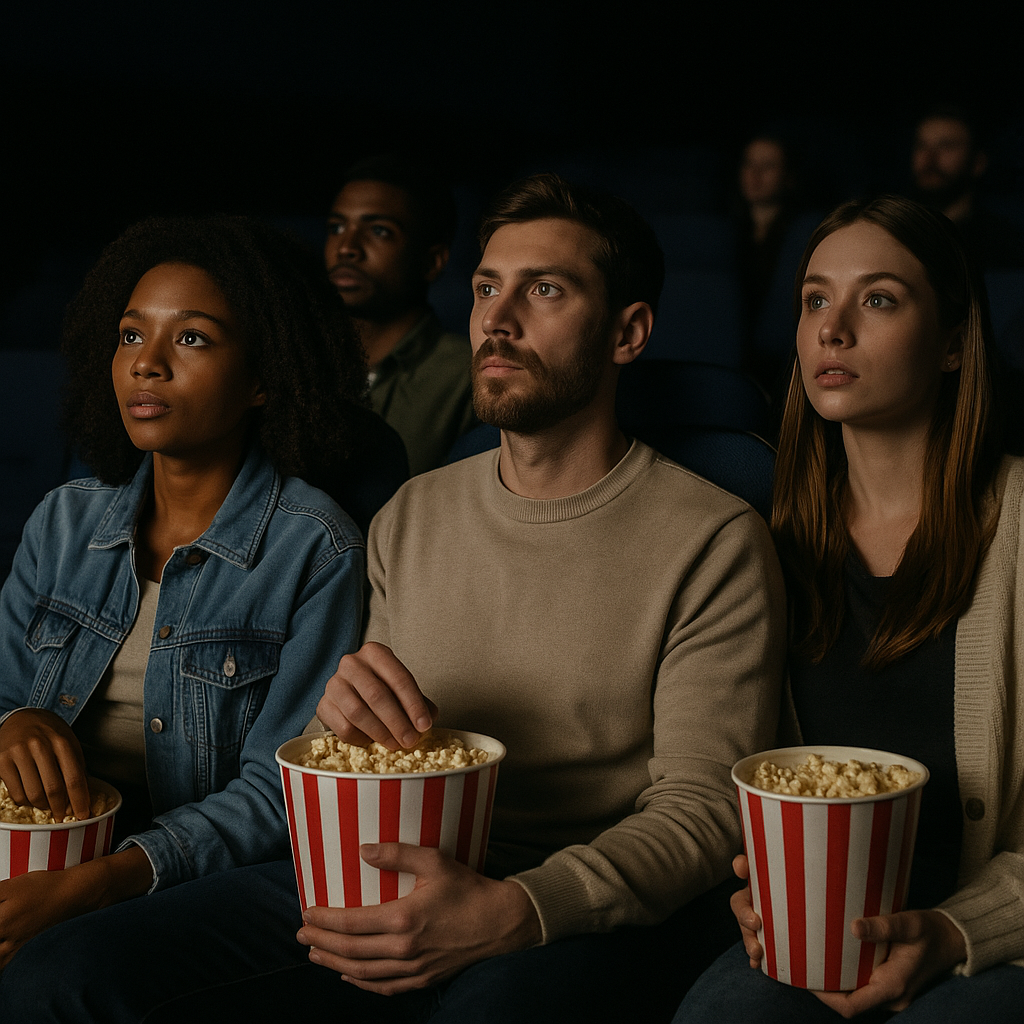 Movie theater seats filled with an audience, screen showing a trailer