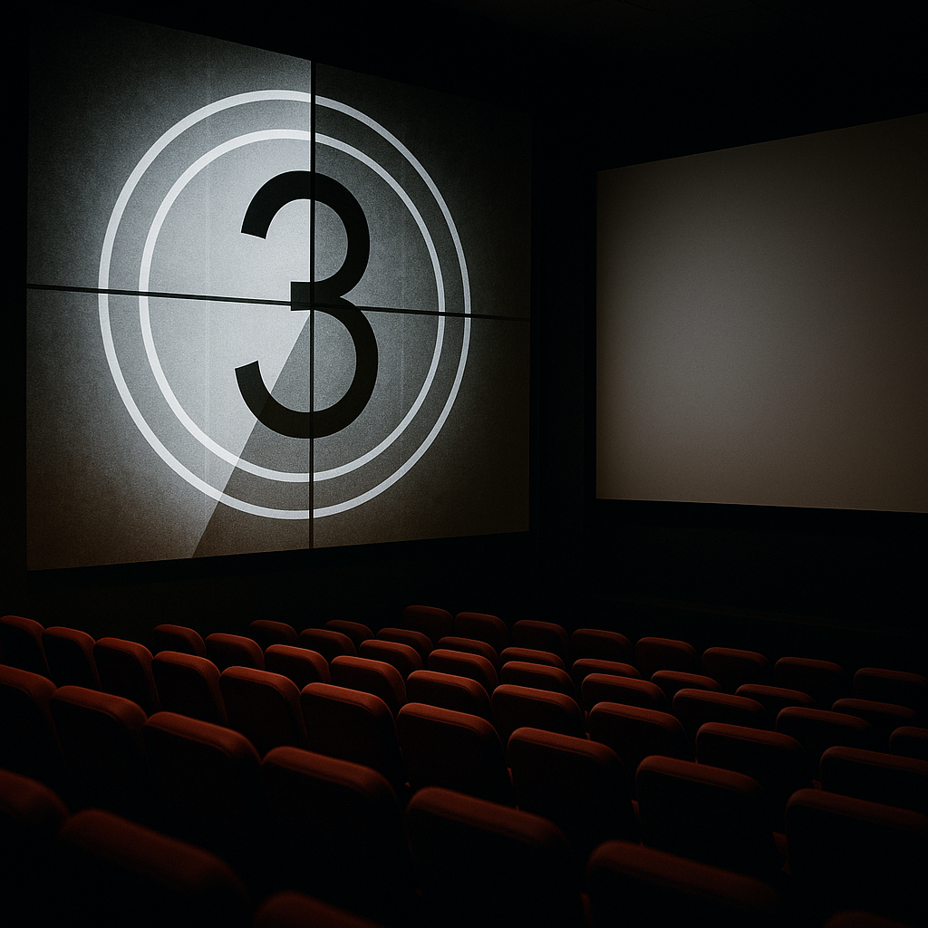 A clock ticking down next to an empty movie theater screen