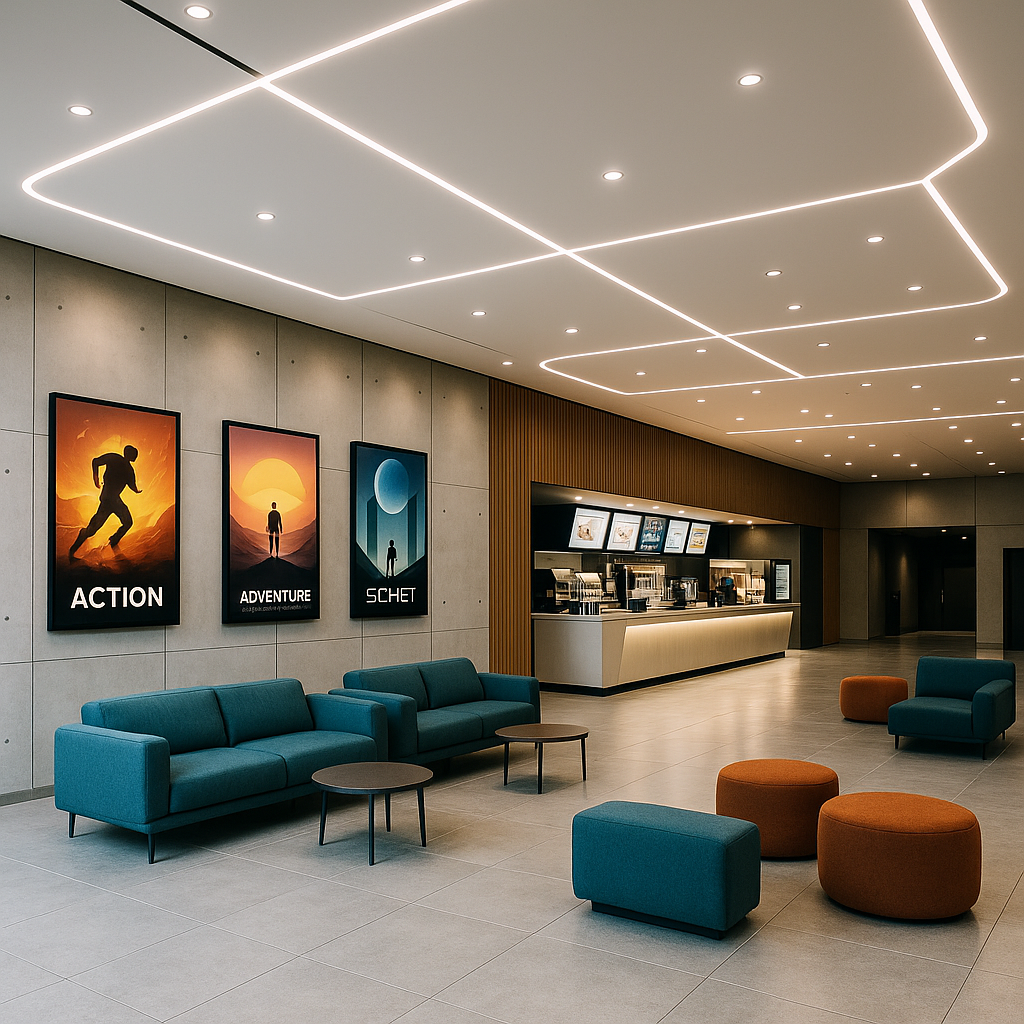 A sleek modern movie theater lobby with minimalistic posters and clean design