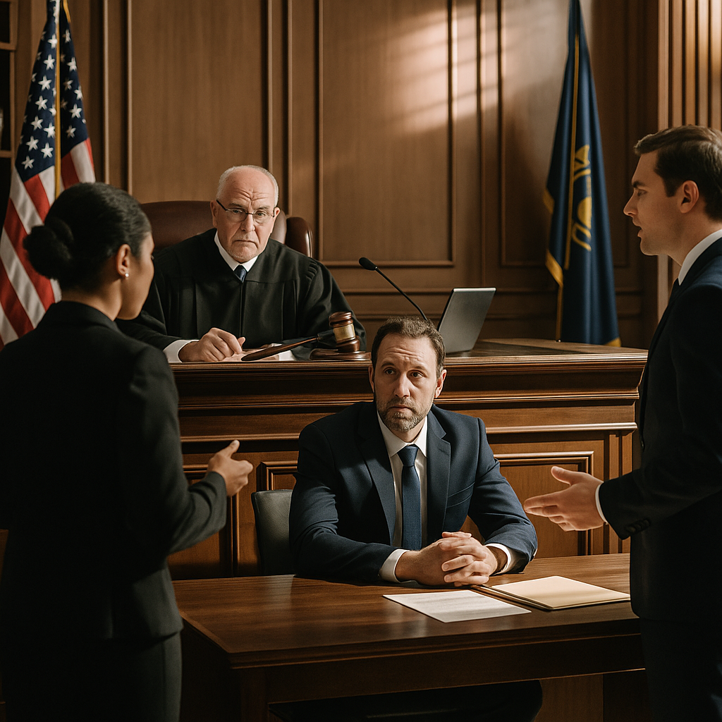 A courtroom setting in South Korea, emphasizing the legal gravity of the situation