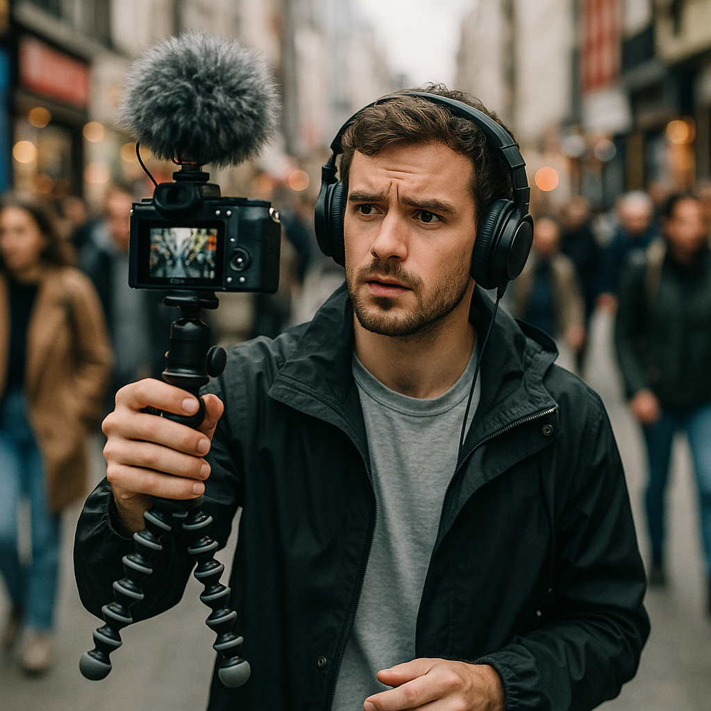 A YouTuber filming themselves in a busy urban street, symbolizing the chaotic nature of modern livestream content