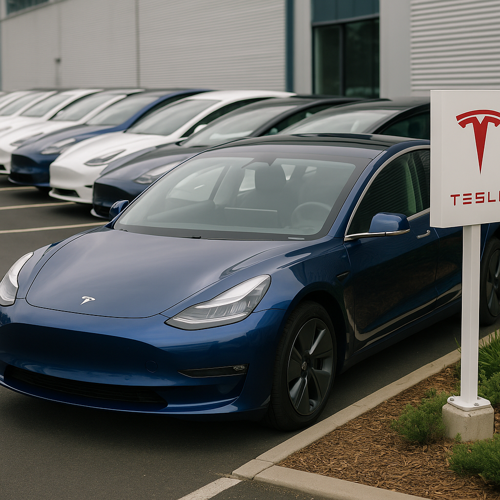 A lot of Tesla Cybertrucks parked at a corporate facility