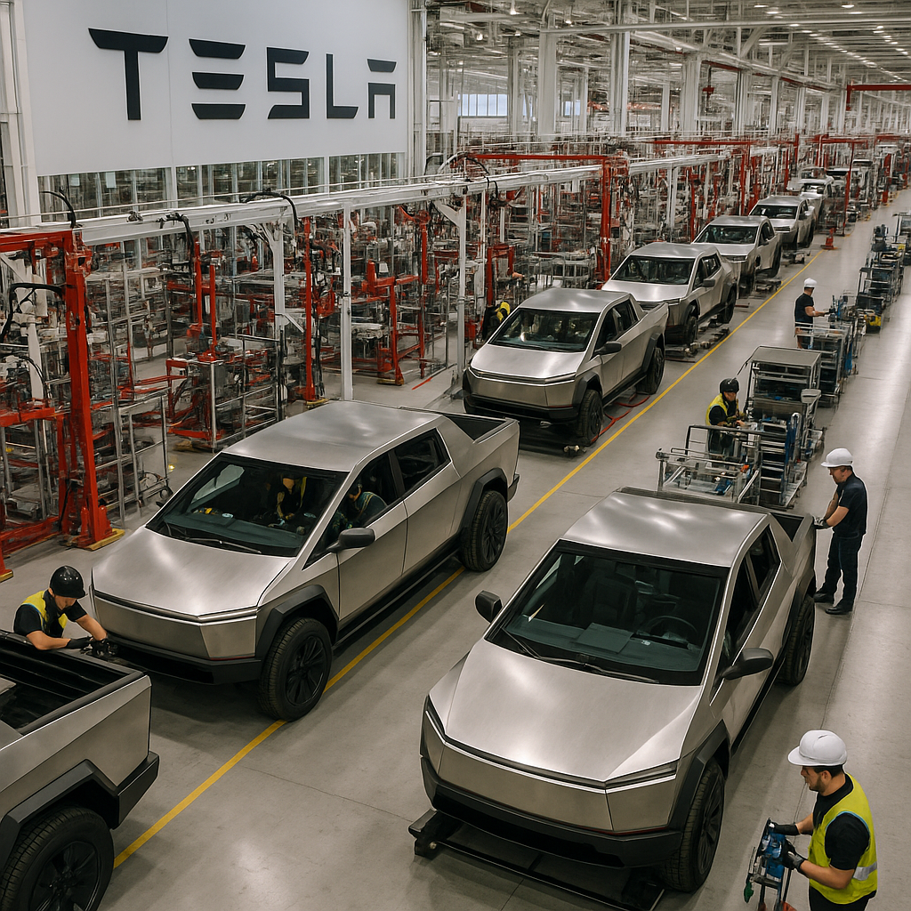 An aerial view of Tesla's factory producing Cybertrucks