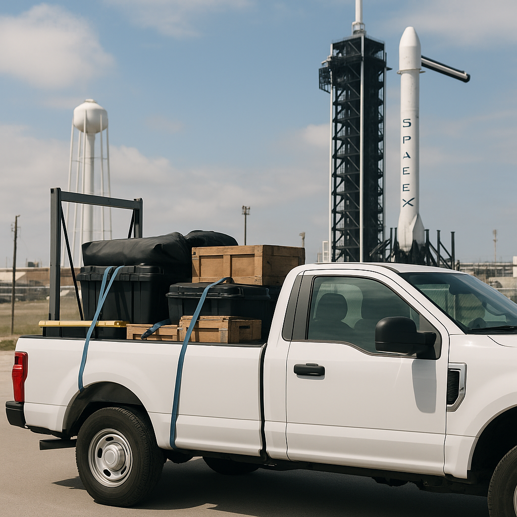 A fleet of Cybertrucks loaded with crates at a SpaceX facility