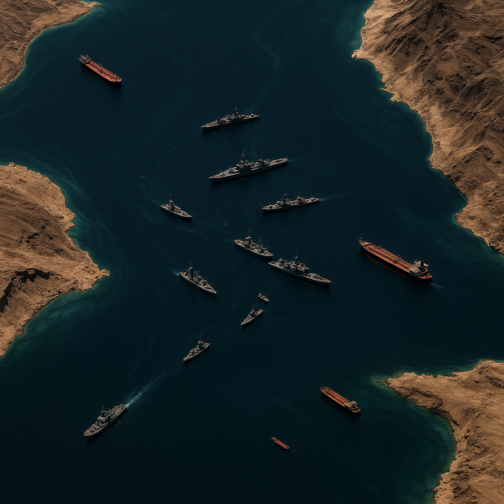 A satellite view showing concentrated naval and commercial vessels in the Strait of Hormuz